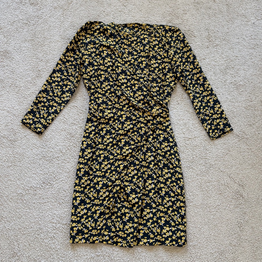 VTG ~ 1990s ~ Black and Yellow Floral Wrap Dress ~ Chic ~ Midi ~ Size M